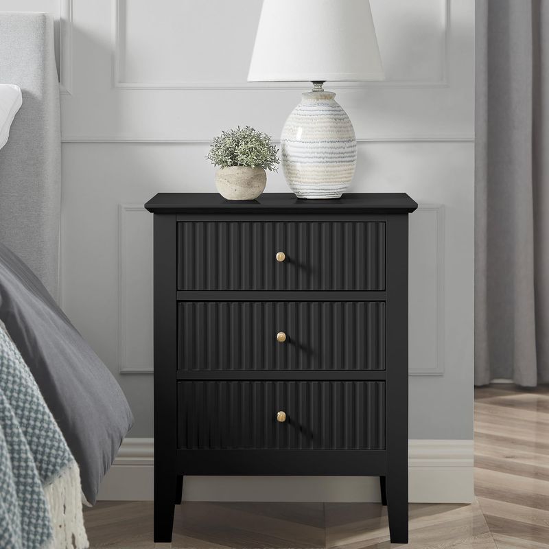 conifferism White Bed Side Table With 3 Drawers 19" W, Bedroom Nightstand 24" H,Vintage Modern Night Stand,Living Room Fluted End Bedside Tables_voghion.com