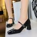 Women's shoes diamond-in-line with square head chunky mid-heel leather color patchwork single shoes_voghion.com