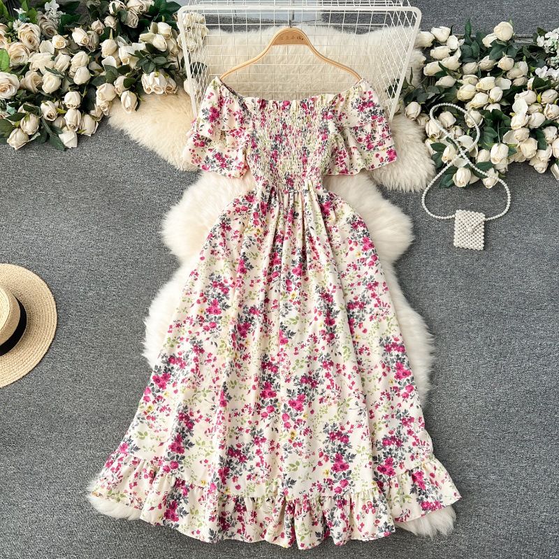 Women's holiday dress for women spring new style one-line collar off-shoulder short-sleeved waist long floral platycodon skirt_voghion.com
