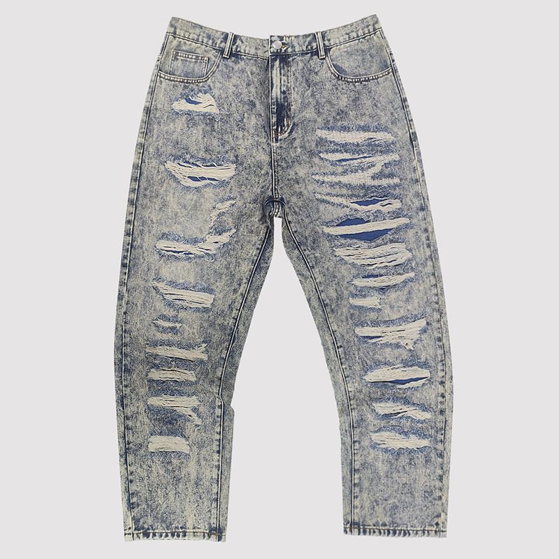 Premium Plus Size Herenjeans - Vintage Distressed Washed Skinny Fit Rechte Spijkerbroek Voor Urban Streetwear_voghion.com