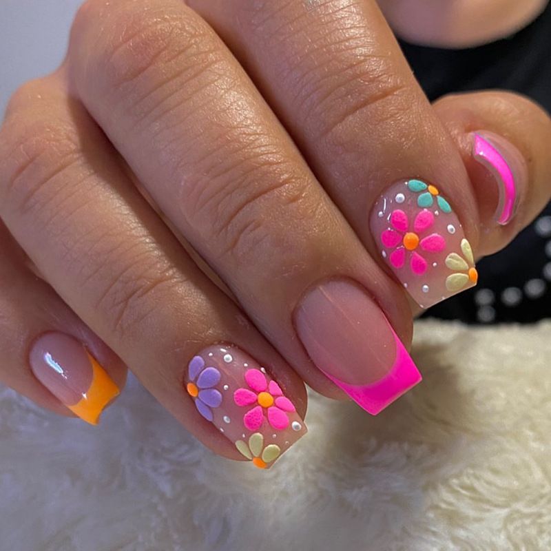 24 stuks valse nagels met kleurrijke bloemenontwerpen, lange vierkante nepnageltips, draagbare balletpers op nagels, volledig_voghion.com