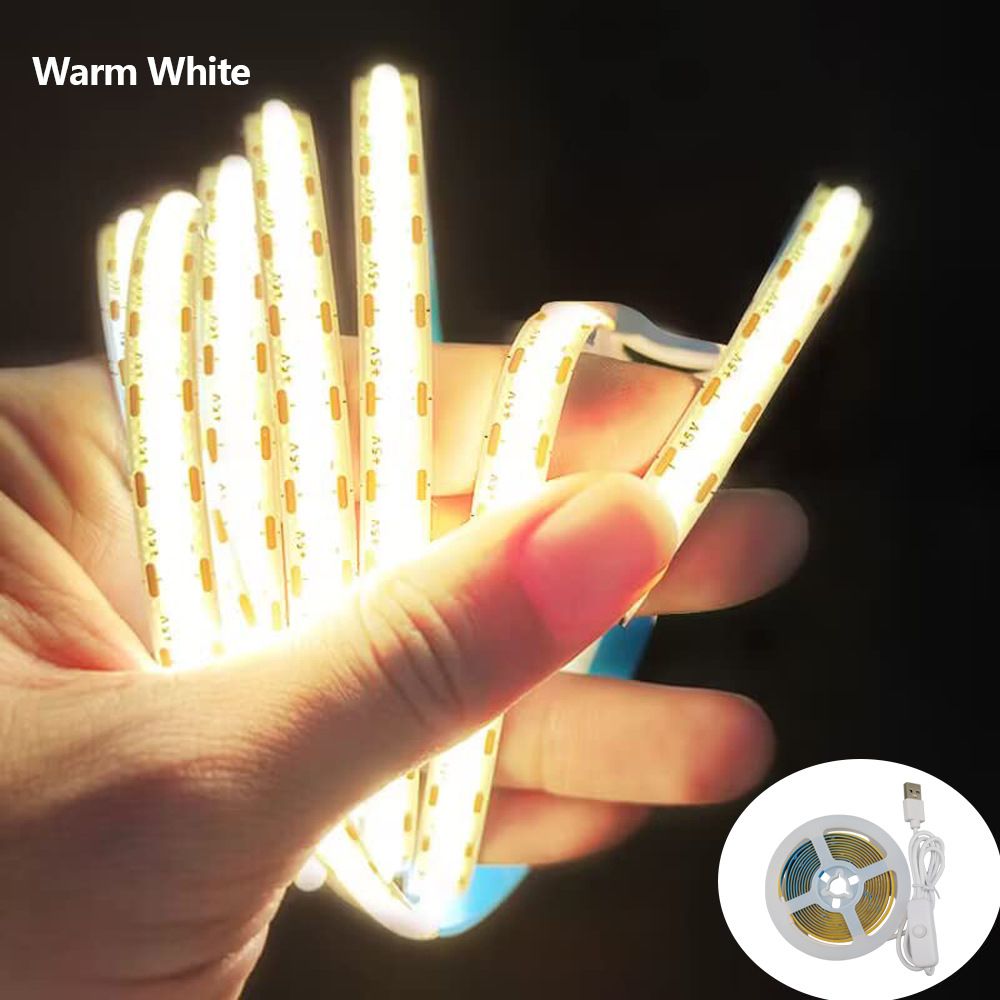 Striscia LED flessibile COB USB da 5 V con interruttore - Bianco caldo/Bianco freddo, 252 LED/m, 24 W, per illuminazione di armadi, specchi, decorazioni per sale giochi_voghion.com