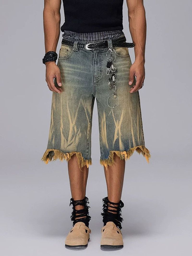 Pantaloni corti e larghi in denim lavato, alla moda, estivi, da uomo, in denim vecchio, color fango, giallo spazzolato, di marca_voghion.com