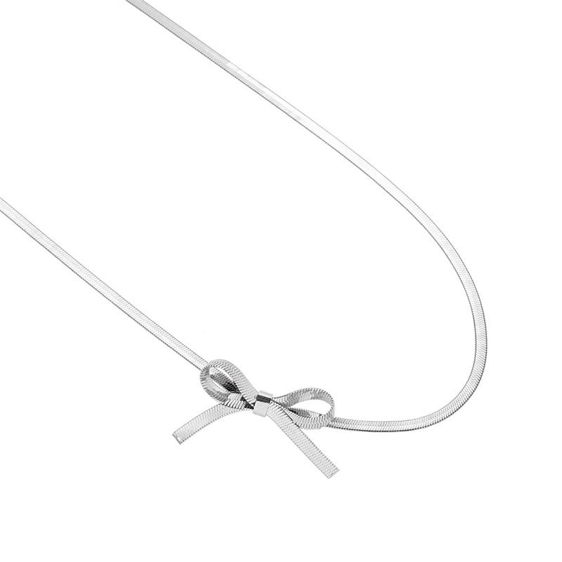 Gargantilha com laço - Colar de corrente plana de cobra (caixa de presente minimalista ajustável incluída)_voghion.com