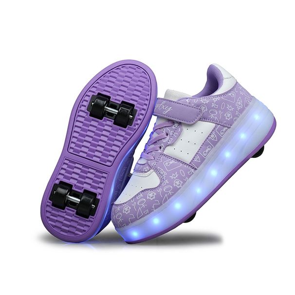 Cross Border Foreign Trade Running Shoes For Boys And Girls Four Wheel Double Wheel LED Flashing Lights Automatic Invisible Roller Skates Batch_voghion.com