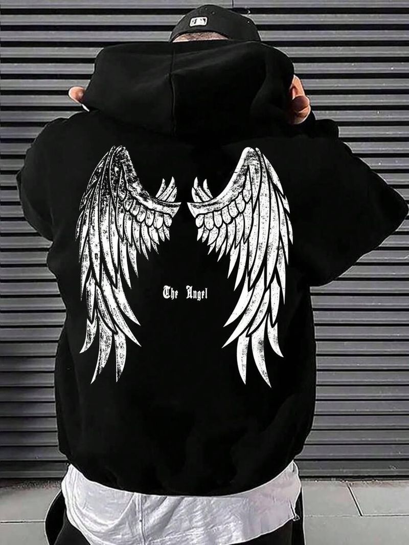 Roupas masculinas, moda outono e inverno europeia e americana, estampa de asas de anjo, moletom masculino pesado com capuz, estilo celebridade, mesmo estilo_voghion.com