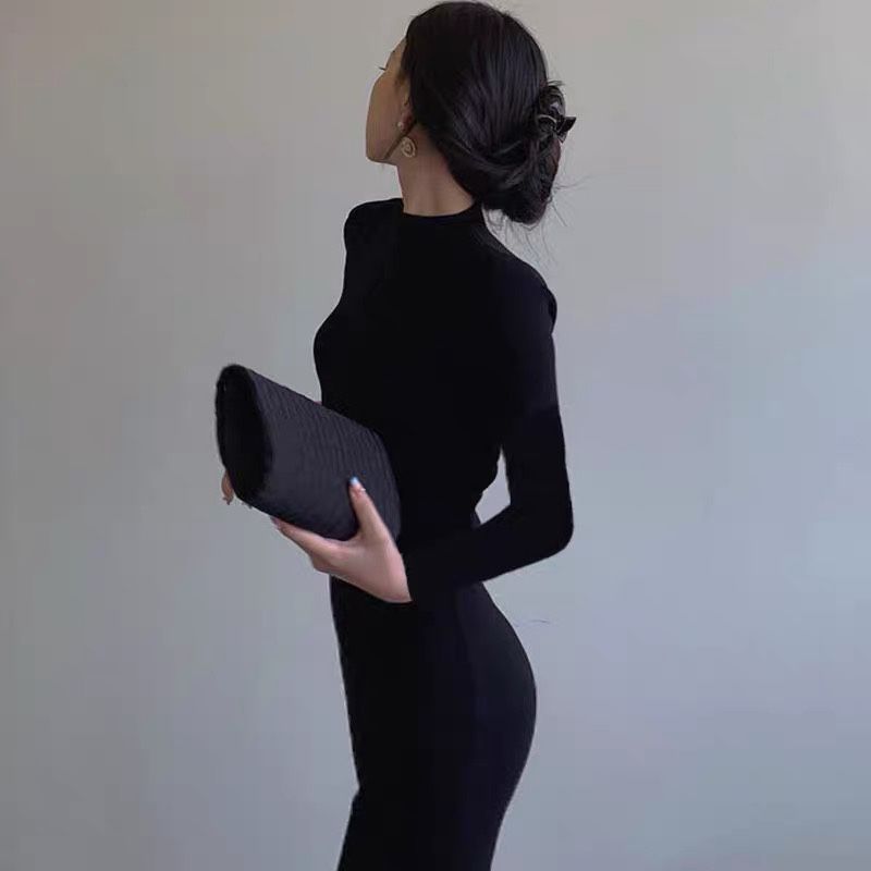 Abito lungo nero aderente in stile Hepburn, elegante e aderente, con maniche in maglia, stile autunno Yukang_voghion.com