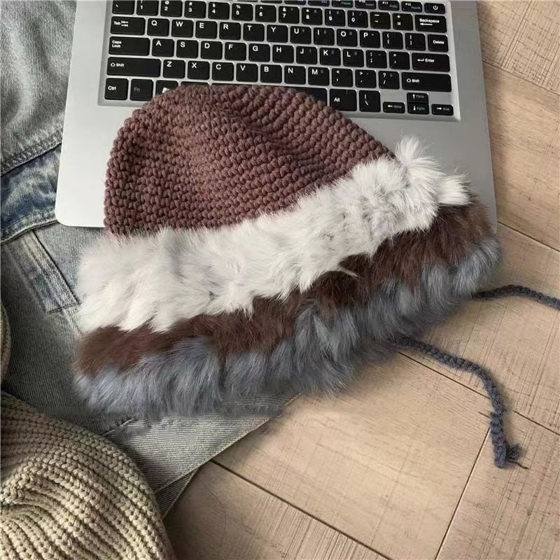 Cappello da pescatore in pelliccia di coniglio all'ingrosso per donna, caldo cappello lavorato a maglia patchwork autunnale e invernale, pullover antifreddo_voghion.com