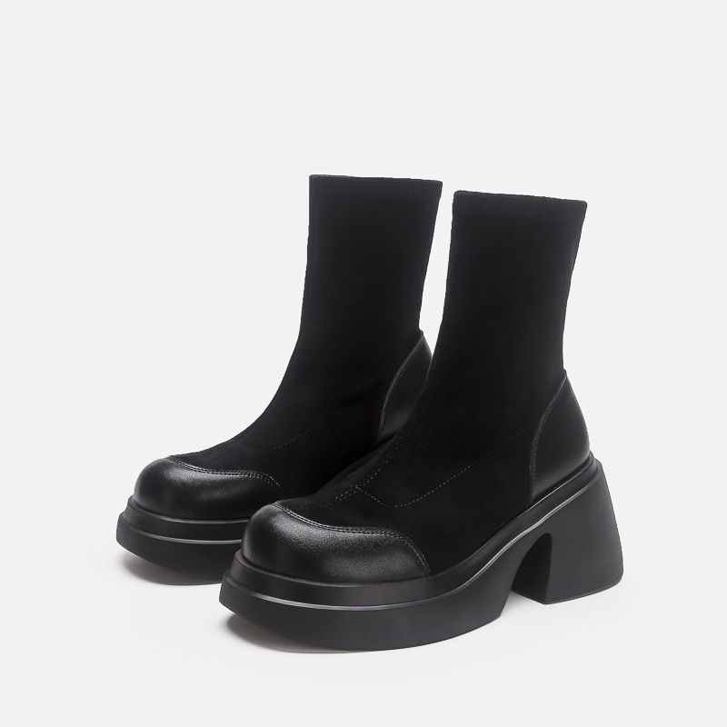 Neue kurze Winterstiefel mit dicker Sohle und höhenverstärkender Sohle für Damen, Stiefel mit dicker Sohle und elastischem Bund, schmale Wildlederstiefel_voghion.com