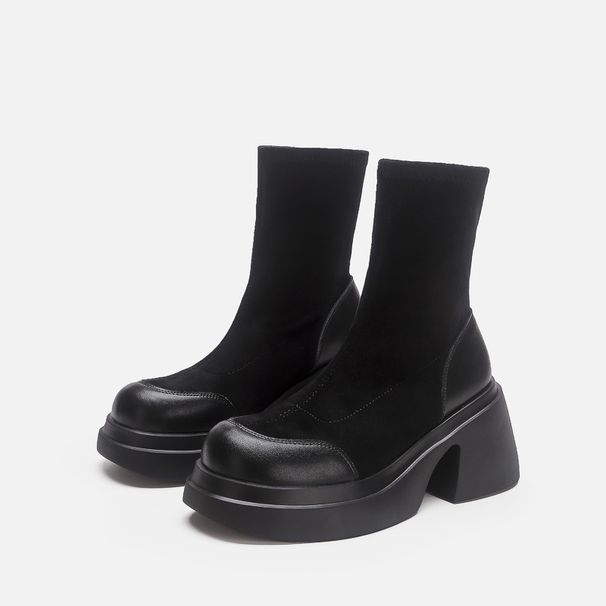 Neue kurze Winterstiefel mit dicker Sohle und höhenverstärkender Sohle für Damen, Stiefel mit dicker Sohle und elastischem Bund, schmale Wildlederstiefel_voghion.com