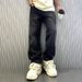 Men's Clothing Print High Street Fashion Brand Ins Design Jeans Loose Straight Washed Wide Leg Long Pants_voghion.com