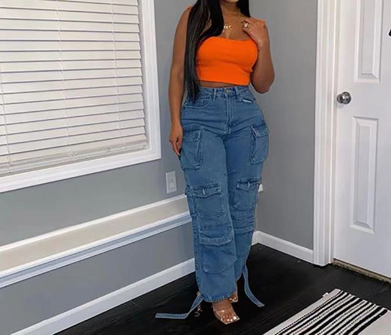 Salopette di jeans multitasche di grandi dimensioni di tendenza di vendita calda da donna_voghion.com