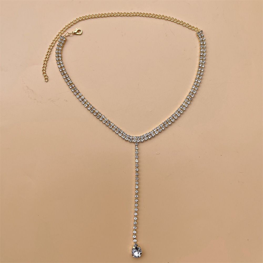 Volldiamant-lange Einzelkette, luxuriös und vielseitig, Wassertropfen-Strass-Halskette, trendige Accessoire-Halsketten_voghion.com