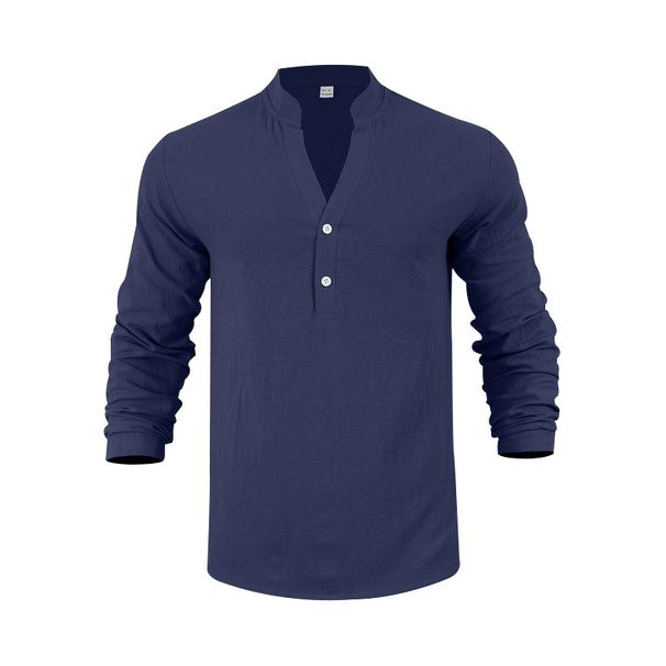 Herren-Leinenhemd mit Knopfleiste – Relaxed Fit Langarm-Polo mit Stehkragen (S-XXXL, atmungsaktiv und knitterfrei, Marineblau/Schwarz/Khaki)_voghion.com