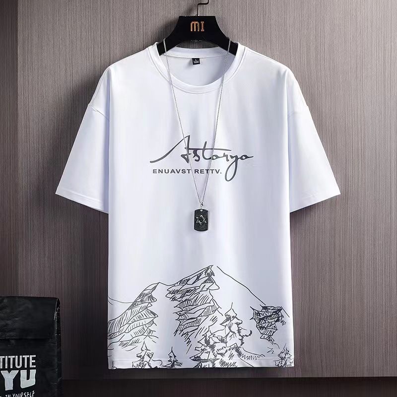 Men's Slim Fit Large Size Sports Two-Piece Set Short-Sleeved T-Shirt Suit Snow Mountain Print _voghion.com