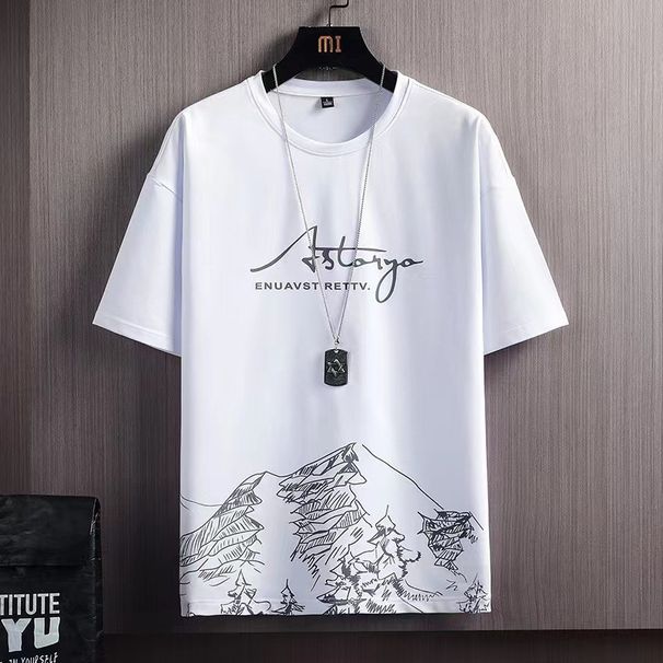 Men's Slim Fit Large Size Sports Two-Piece Set Short-Sleeved T-Shirt Suit Snow Mountain Print _voghion.com