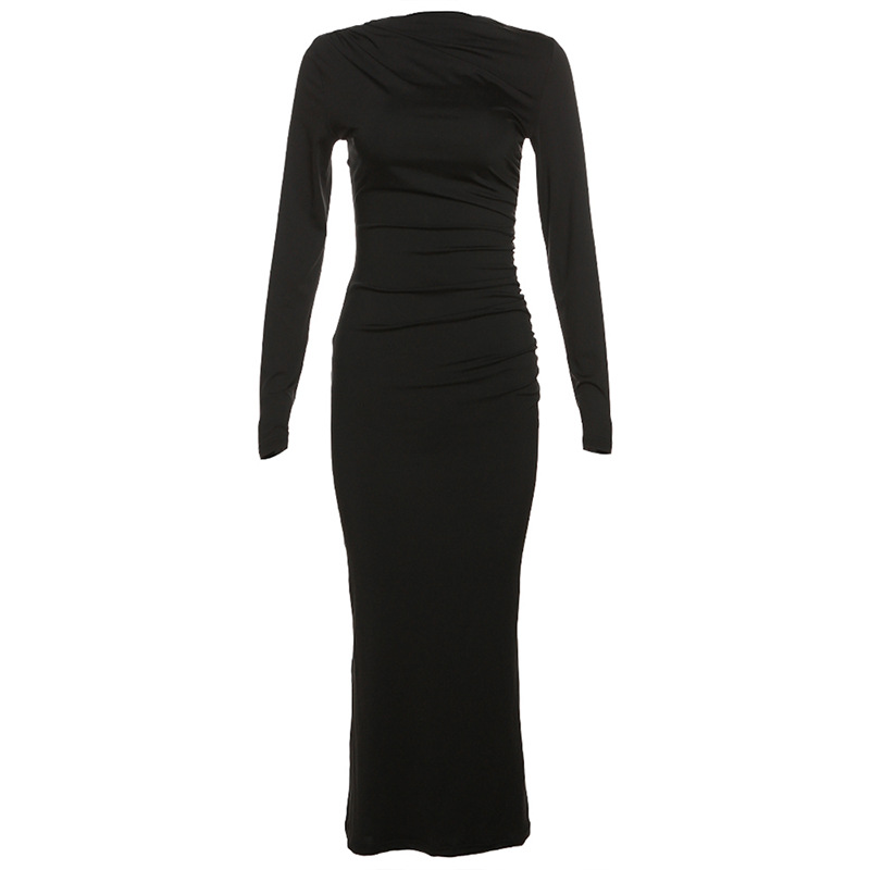 Damenmode-Rundhals-Langarm-Slim-Fit-Taschen-Gesäß-Einfarbig-Temperament-Kleid_voghion.com