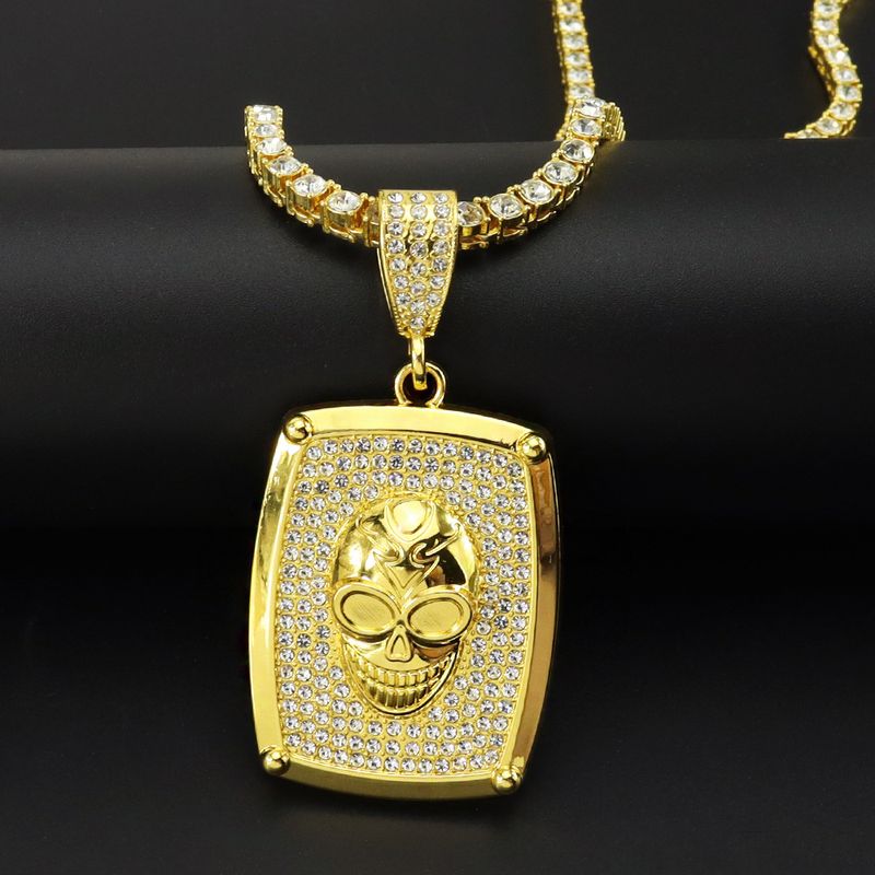 Stereoscopic Skull Pendant Necklace Hip Hop Rap Singer Dress Up Single Row Diamond Tennis Lock Bone Chain_voghion.com