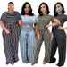 striped printed knitted stretch style women's plus size jumpsuit_voghion.com
