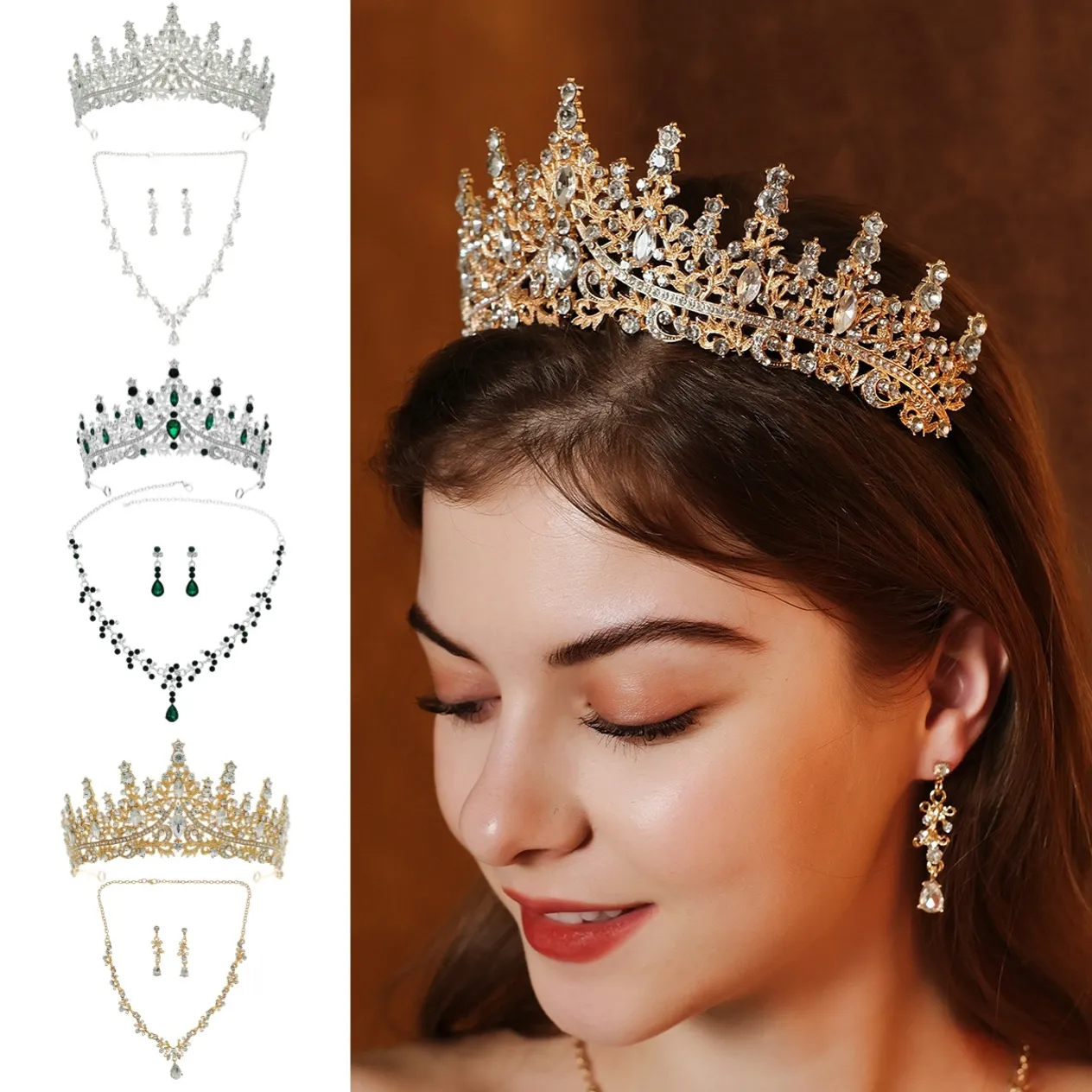 Nowy naszyjnik kolczyki luksusowy, wszechstronny zestaw biżuterii na bankiet weselny ze stopu wody i diamentowej korony ślubnej_voghion.com