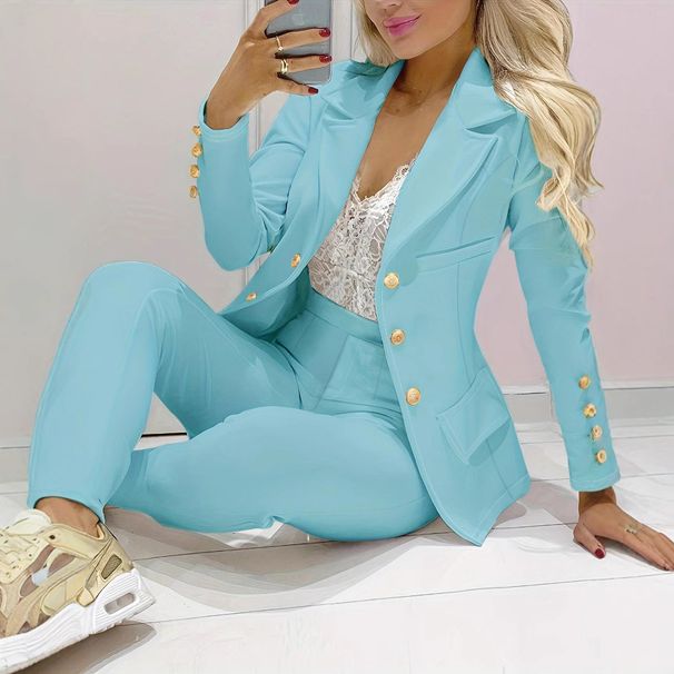 Primavera e autunno formale casual da donna tinta unita con doppia fila di bottoni alla moda piccolo abito set_voghion.com