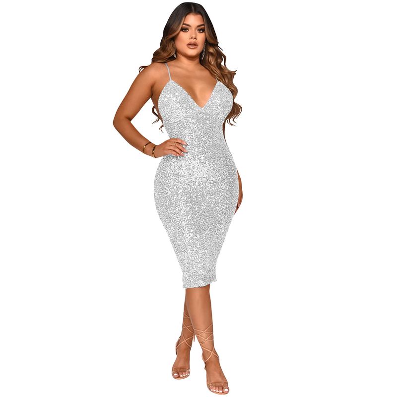 Women's solid color sequins sexy suspender V-neck skirt dress_voghion.com