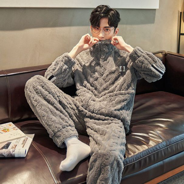 Pigiama da uomo in pile spesso autunno e inverno per ragazzi, con cerniera, caldo abbigliamento da casa_voghion.com
