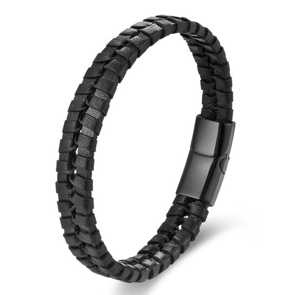 Bracciale da uomo in pelle nera con corda in pelle di vacchetta, bracciale da uomo in acciaio inossidabile intrecciato a mano in vera pelle multistrato_voghion.com