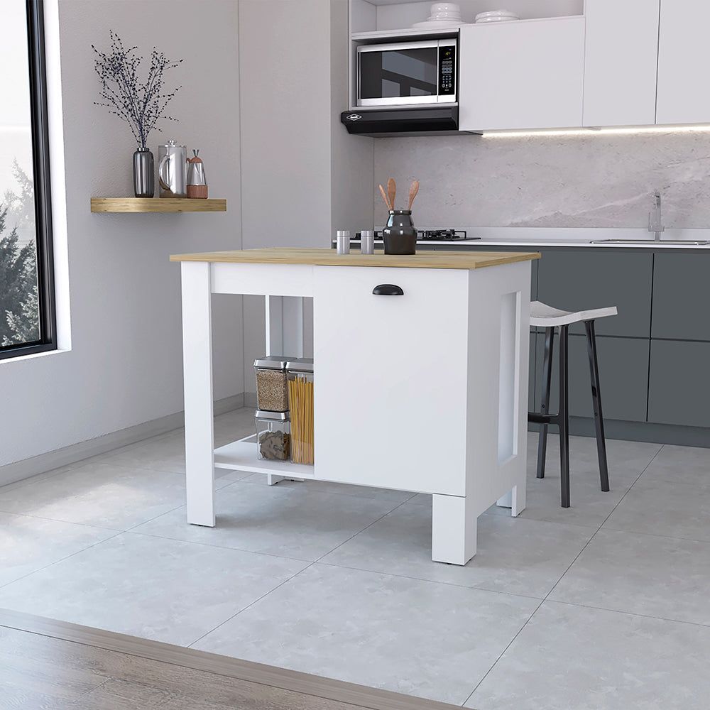 Vancouver 1-Door Kitchen Island With Open Shelf White And Macadamia_voghion.com