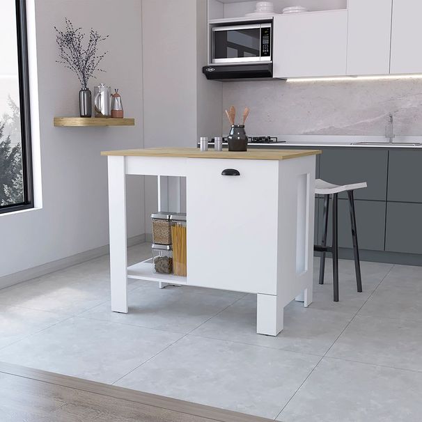 Vancouver 1-Door Kitchen Island With Open Shelf White And Macadamia_voghion.com