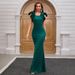 Elegant Satin Evening Gown With Flutter Sleeves Stunning Emerald Green & Wine Red Formal Dress For Galas & Parties ( Slim Fit With Waist Draping)_voghion.com