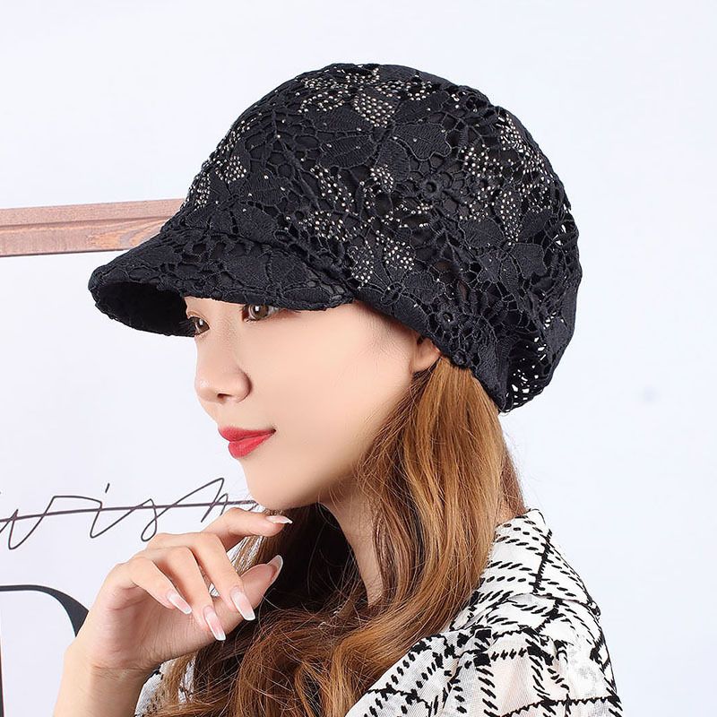 Lightweight breathable duckbill cap for women in spring summer, elegant and wide brimmed hot brick flower mesh lace cap,_voghion.com