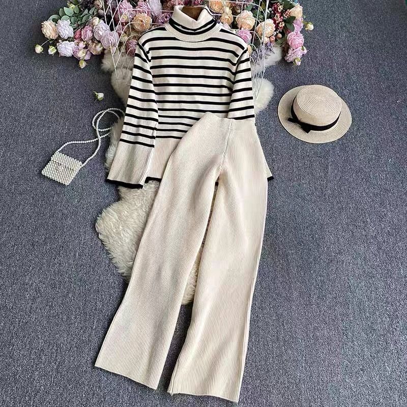 Costume tricoté décontracté pour femmes, automne et hiver, pull rayé à manches longues, pantalon large, ensemble deux pièces tricoté pour femmes_voghion.com
