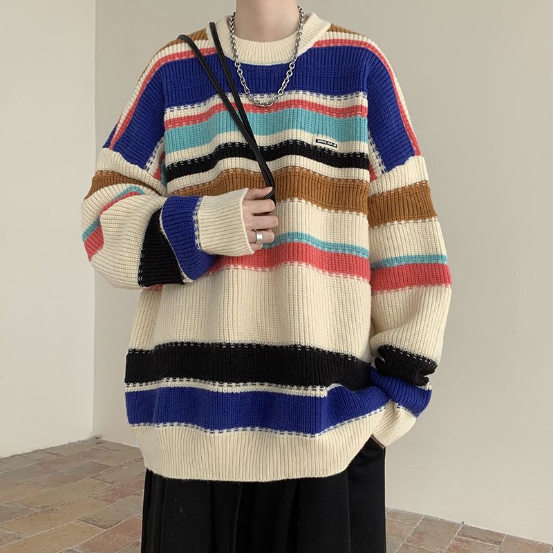 Männer Kleidung Farbe Kontrast Gestreiften Pullover Männer der Winter Verdickt Lose Faul Stil Retro Strick Design Gefühl Nische Linie mantel_voghion.com