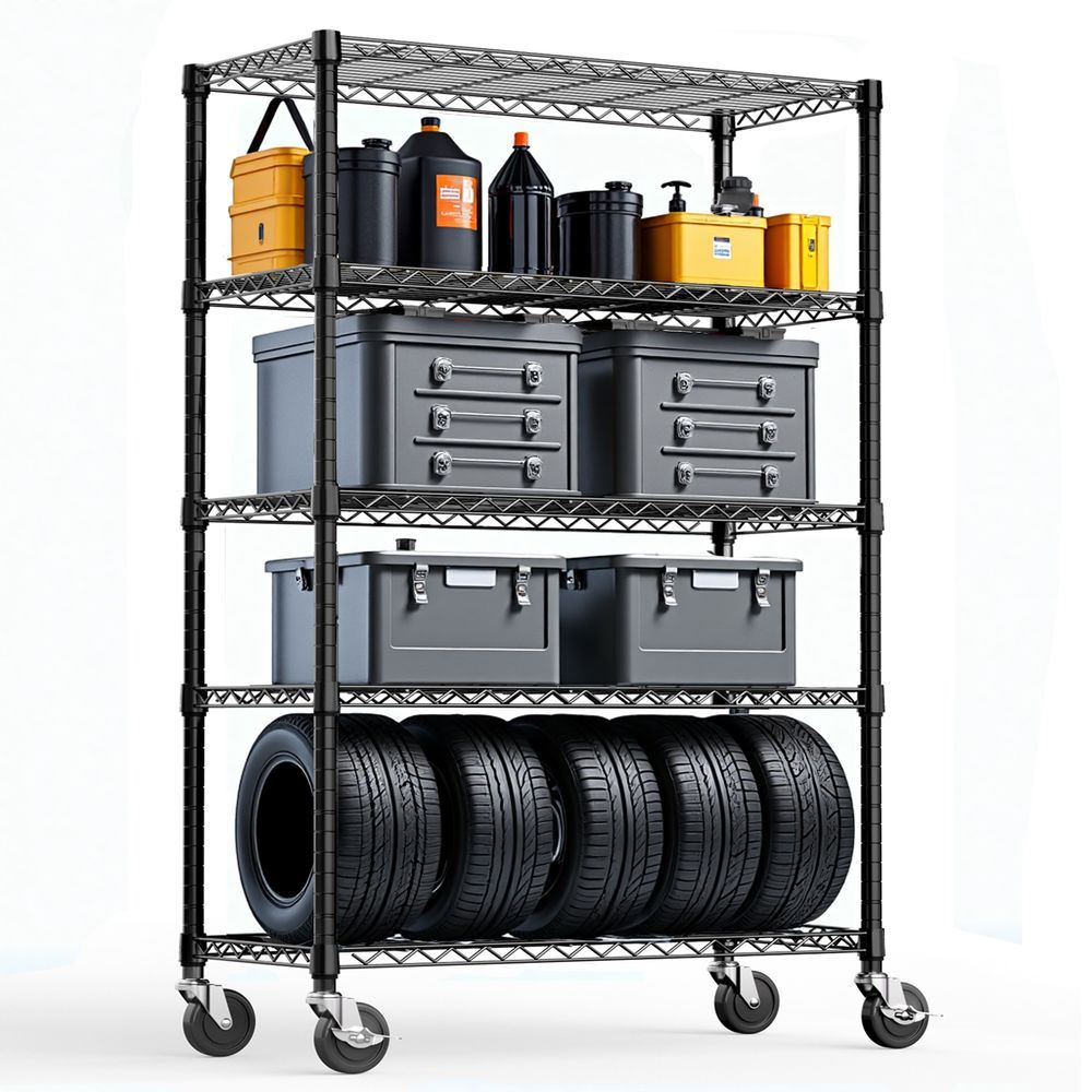 Steel Storage Shelving 5-Tier Utility Shelving Unit Steel Organizer Wire Rack With Wheels For Home,Kitchen,Office,Garage, 1750 LBS Capacity 17.7' D_voghion.com