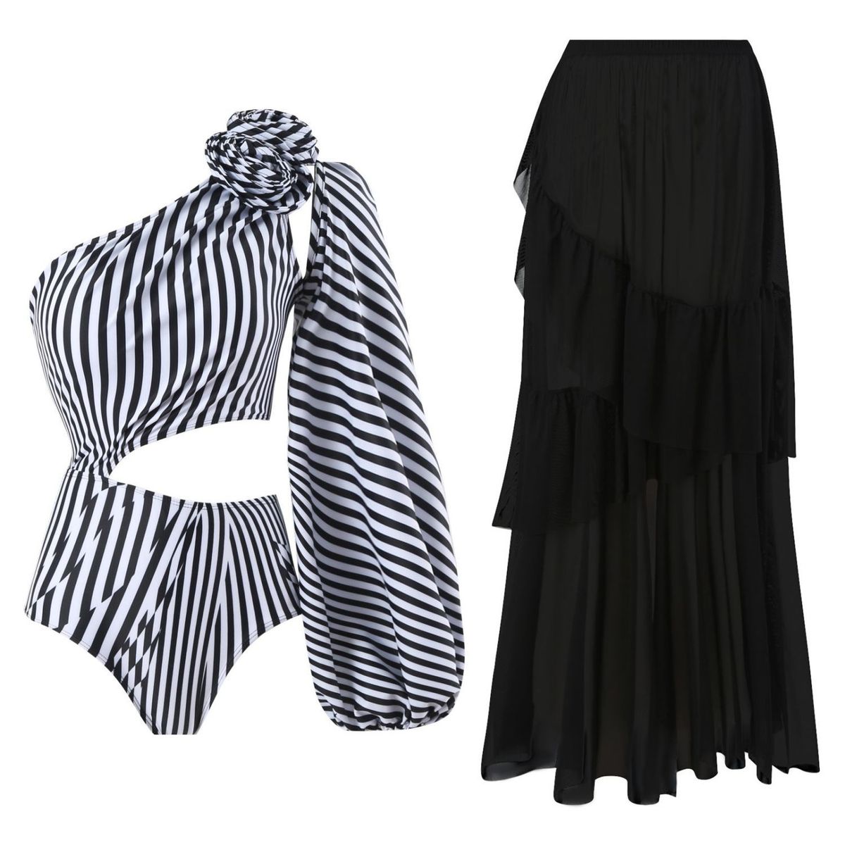2025 Neuer sexy einteiliger Badeanzug für Damen mit gerüschtem, gestreiftem Bikini und langem Netzrock_voghion.com
