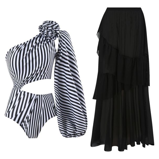2025 Neuer sexy einteiliger Badeanzug für Damen mit gerüschtem, gestreiftem Bikini und langem Netzrock_voghion.com
