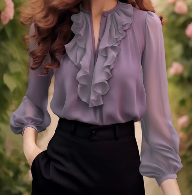 Camicia viola con maniche a lanterna e volant in chiffon francese estivo 2024 da donna_voghion.com