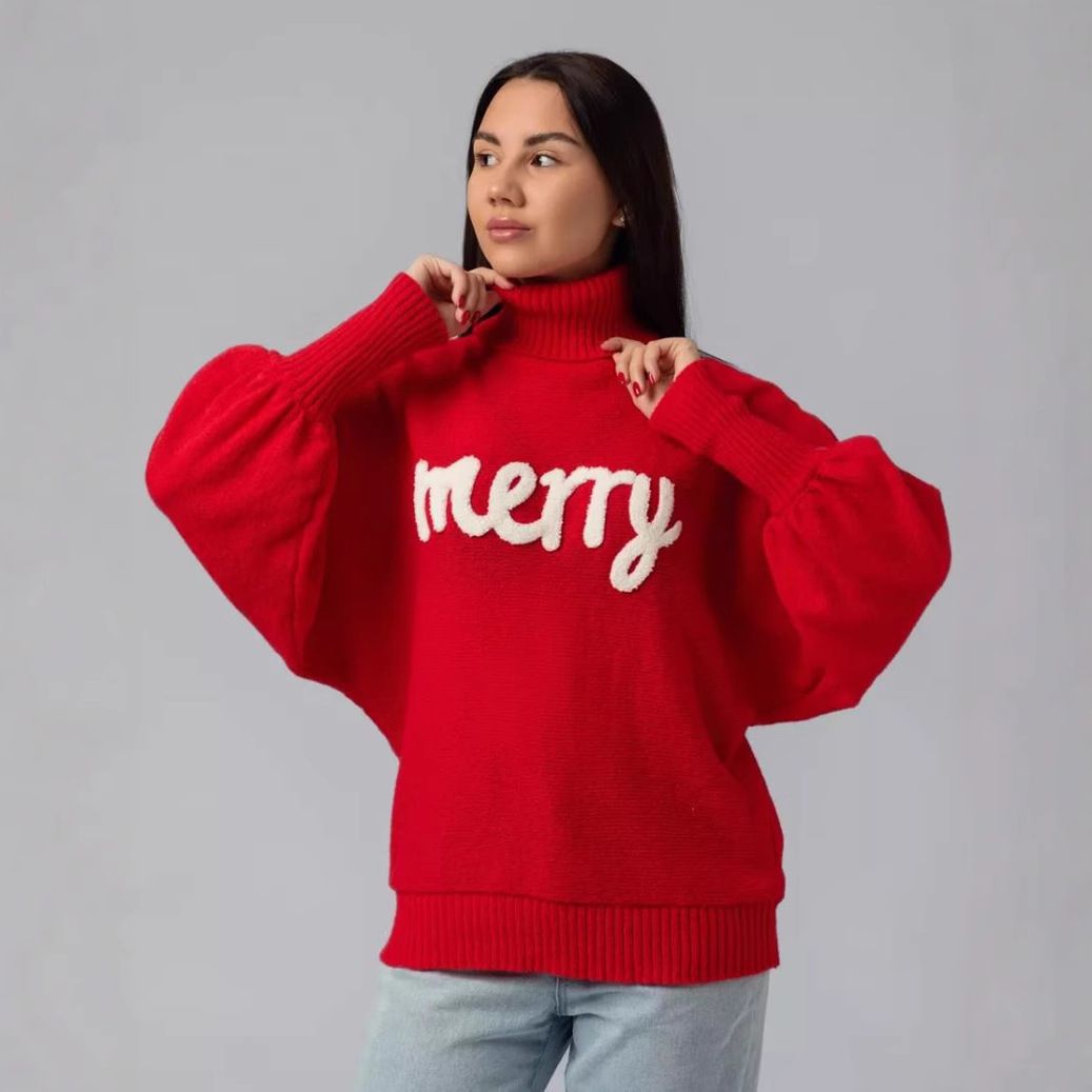 High neck for women's autumn and winter loose fitting bat sleeves, outer knitted sweater top_voghion.com