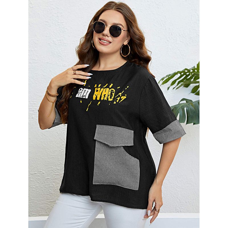 Women's black plaid pocket loose casual top_voghion.com