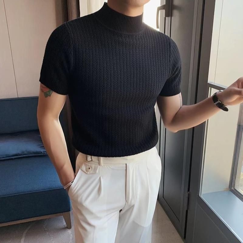 2023 printemps/été T-shirt à manches courtes hommes élastique demi col haut tricoté bas chemise jeunesse demi manches T-shirt style décontracté_voghion.com