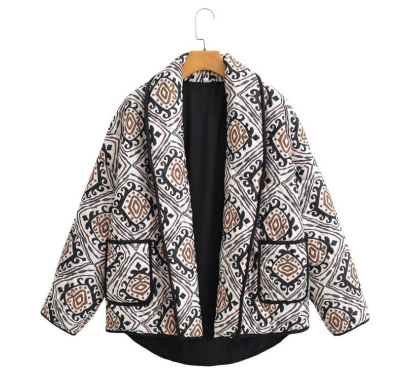 Giacca imbottita in cotone con colletto rialzato e stampa moda da donna con due finti colori a contrasto_voghion.com