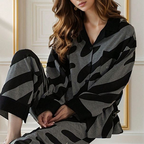 Ensemble pyjama à revers en soie glacée, manches longues, pantalon, motif zèbre, mode féminine_voghion.com