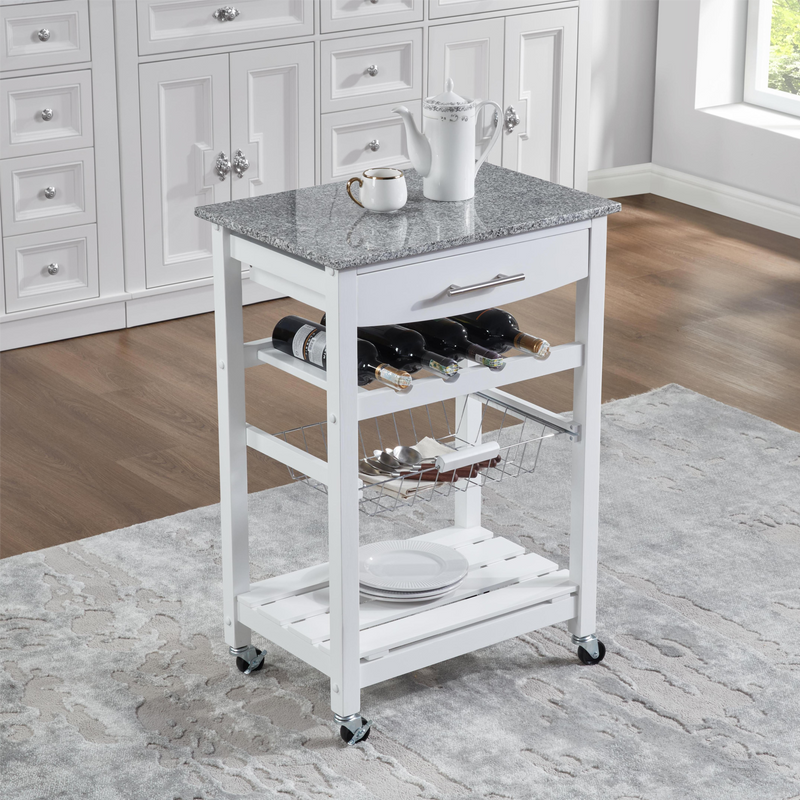 Mobile Rolling Kitchen Island Trolley Serving Cart With Underneath Drawer & Slide-Out Wire Storage Basket_voghion.com