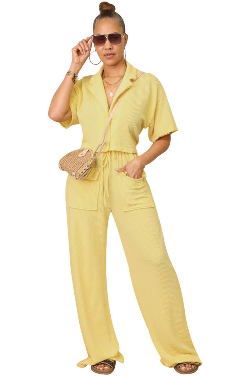 Women's Clothing Solid Color Short Sleeved Shirt Collar Top Long Casual Wide Leg Pants Suit_voghion.com