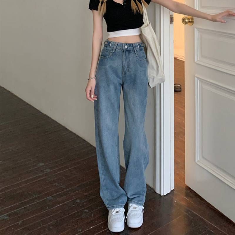 Calça jeans curta de perna larga feminina, cintura alta emagrecedora para uso na primavera e outono. Estilo Hong Kong de perna reta, solto e_voghion.com