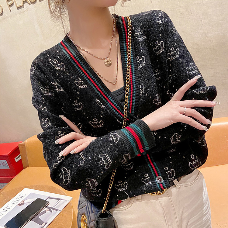 Modischer lockerer Pullover-Cardigan mit grafischem V-Ausschnitt für Damen_voghion.com