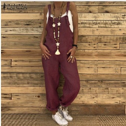 Women Casual Solid Color Sleeveless Adjustable Straps Loose Jumpsuit Bib Overall Suitable For School Work Date_voghion.com