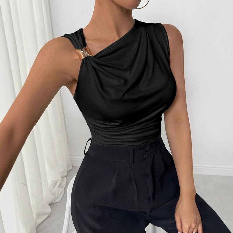 Europejska i amerykańska 2025 letnia nowa moda All Match Slim Solid Color plisowana metalowa ozdoba bez rękawów T-shirt typu pullover_voghion.com