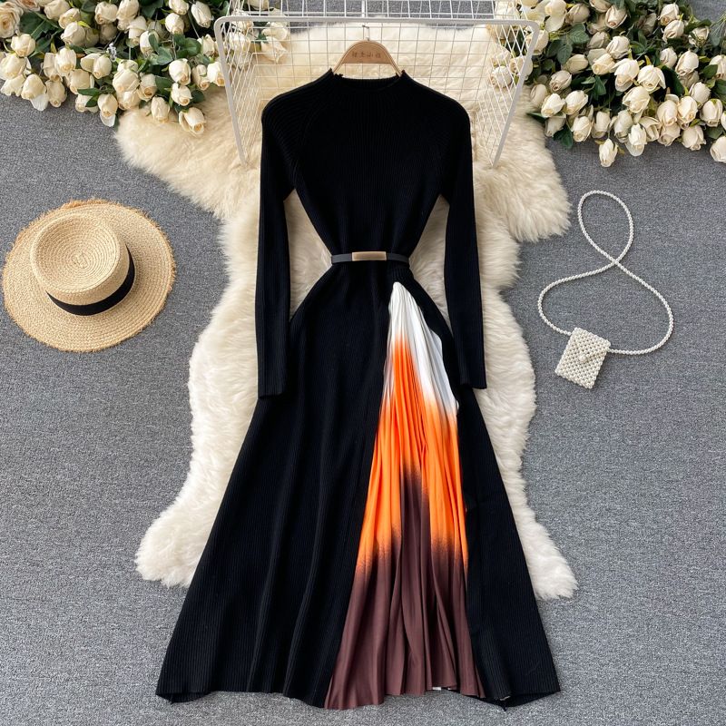 Vestido elegante de punto con costuras de color degradado plisado y cintura ajustada, ropa de otoño para mujer_voghion.com